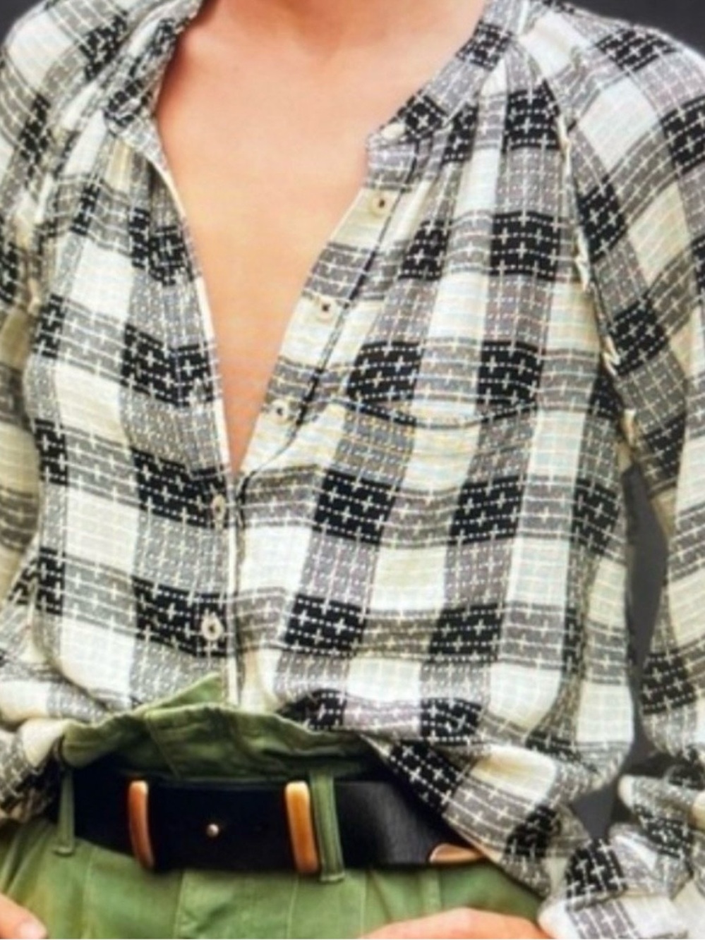 PILCRO ANTHROPOLOGIE BREEZY PLAID BUTTON DOWN CROSS-STITCH TOP BLOUSE Size M